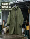 Military green hooded waterproof long cover-up with zipper opening and closing, double side pockets, adult kitchen cleaning, factory moving, dust-proof labor protection work clothes, military green hooded waterproof cover-up, long zipper dust-proof apron Item Picture